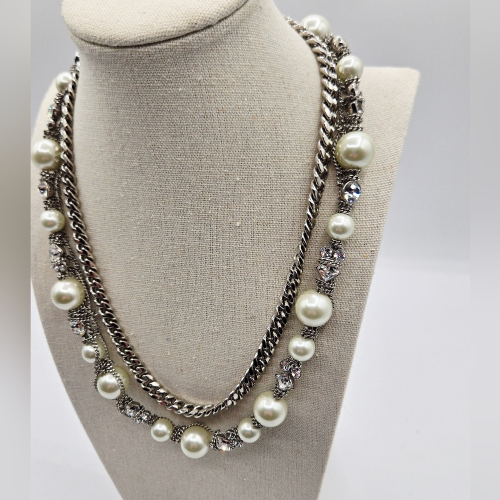 Givenchy Vintage Double Strand Faux Pearl Rhinestone Chain Necklace - Picture 4 of 7
